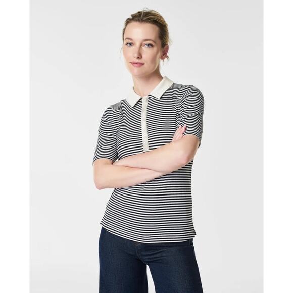 NWOT Spanx Stretch Rib Striped Polo Top XL Black White Button Collared Shirt - Picture 1 of 15